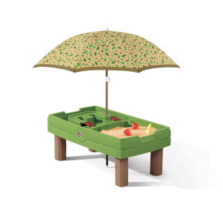 Sand-Wasser-Tisch Kinder-Spieltisch Schatzinsel grün mit Sonennschirm, Deckel und 8-tlg. Zubehörset