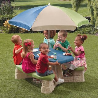 Kinder-Sitzgruppe Picknick-Set Steinoptik blau grün inkl. Sonnenschirm für 6 Kinder