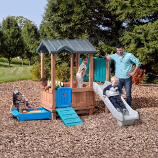 Garten-Spielhaus Woodland Adventure Holz Kunststoff Pavillon für Kinder mit Kletterturm und Rutschen