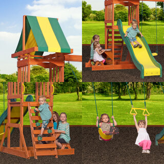 Kinder-Spielturm Spielhaus Sunnydale Holz Braun Gelb Grün mit Sandkasten, Schaukeln und Rutschen