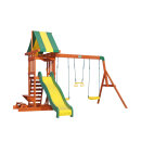 Kinder-Spielturm Spielhaus Sunnydale Holz Braun Gelb Grün mit Sandkasten, Schaukeln und Rutschen