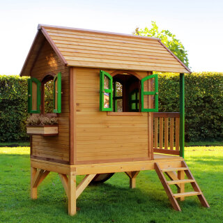 Garten-Spielhaus Tom fr Kinder Holz Braun Grn mit Rutsche