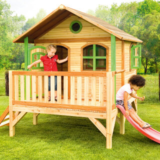 Garten-Spielhaus Stelzenhaus Stef Holz Braun Grün mit Veranda und Rutsche