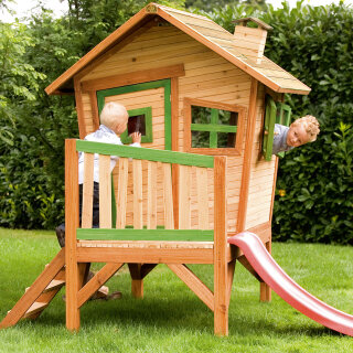 Garten-Spielhaus Robin für Kinder asymmetrisch Holz Braun Grün mit Rutsche