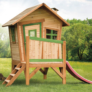 Garten-Spielhaus Robin für Kinder asymmetrisch Holz Braun Grün mit Rutsche