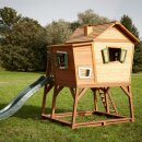 Garten-Spielhaus Stelzenhaus Max asymmetrisch Holz Braun Grün mit Sandkasten, Veranda, Anbau und Rutsche