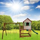 Garten-Spielhaus Stelzenhaus Liam Holz Braun Grün mit Doppelschaukel, Sandkasten, Veranda und Rutsche