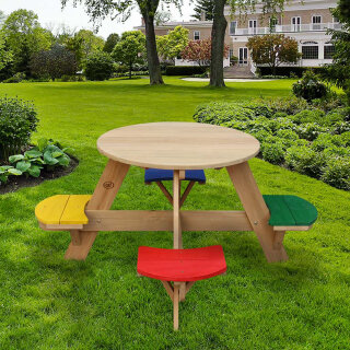 Kinder-Sitzgruppe Picknick-Set UFO Rund Holz bunt für 4 Kinder