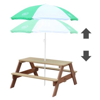 Kinder-Sitzgruppe Picknick-Set Nick Holz braun inkl. grün weißem Sonnenschirm L:95cm