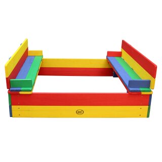 Sandkasten Ella mit Deckel / Sitzbänken Regenbogenfarben