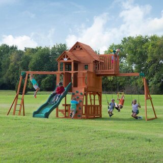 Kinder-Klettergerüst Spielturm Skyfort II Holz mit Schaukel, Rutsche,