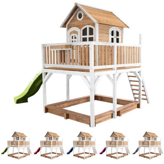 Garten-Spielhaus Stelzenhaus Liam Holz Braun Weiß mit Sandkasten und Rutsche in 5 Farben