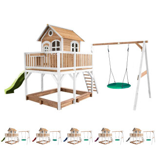 Garten-Spielhaus Stelzenhaus Liam Holz Braun Weiß mit Sandkasten, Nest-Schaukel und Rutsche in 5 Farben