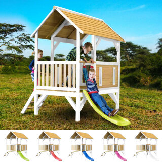 Kinder-Spielhaus Spielturm Akela Holz Braun Weiß mit Clubhaus und Rutsche in 5 Farben