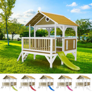 Kinder-Spielhaus Spielturm Meeko Holz Braun Weiß mit Clubhaus und Rutsche in 5 Farben