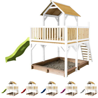 Kinder-Spielhaus Spielturm Atka Holz Braun Weiß mit Clubhaus, Sandkasten und Rutsche in 5 Farben