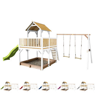 Kinder-Spielhaus Spielturm Atka Holz Braun Weiß mit Clubhaus, Sandkasten, Einzelschaukel und Rutsche in 5 Farben