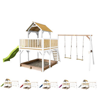 Kinder-Spielhaus Spielturm Atka Holz Braun Weiß mit Clubhaus, Sandkasten, Doppelschaukel und Rutsche in 5 Farben