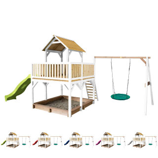 Kinder-Spielhaus Spielturm Atka Holz Braun Weiß mit Clubhaus, Sandkasten, Nest-Schaukel und Rutsche in 5 Farben