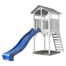 Kinder-Spielturm Spielhaus Beach Tower Holz Weiß Grau mit Sandkasten und Rutsche Blau