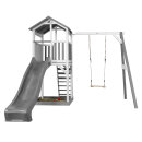 Kinder-Spielturm Spielhaus Beach Tower Holz Weiß Grau mit Sandkasten, Einzelschaukel und Rutsche Grau