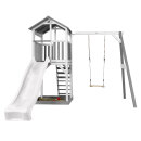 Kinder-Spielturm Spielhaus Beach Tower Holz Weiß Grau mit Sandkasten, Einzelschaukel und Rutsche Weiß